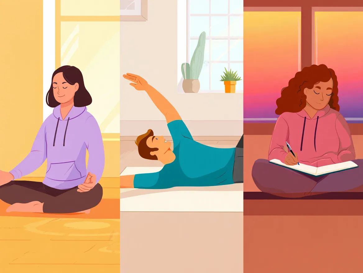 Three connected panels illustrating the flow of morning, midday, and evening mindfulness practices